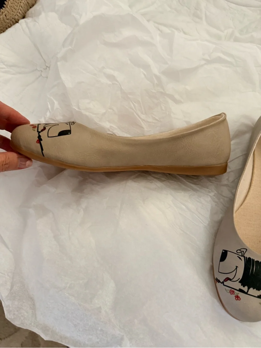 Women’s Beige Ballet Flats with Dog Print by Goby - Super Cute!  Size 40 EU Size